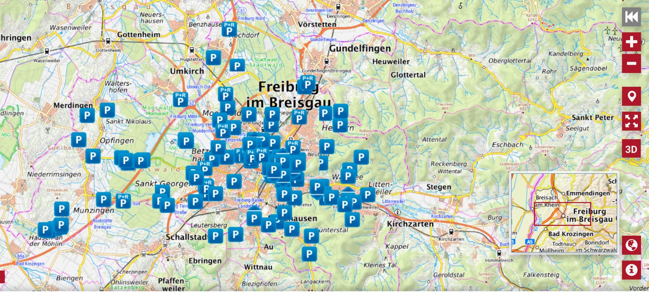 Screenshot einer digitalen Karte der Freiburger Innenstadt, auf der alle Parkplätze angezeigt werden