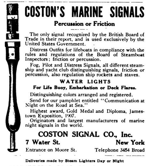 Die Abbildung zeigt eine Anzeige von Martha Coston Firma aus dem Jahr 1913. Gemeinfrei/Public Domain, via: https://en.wikipedia.org/wiki/Martha_Coston