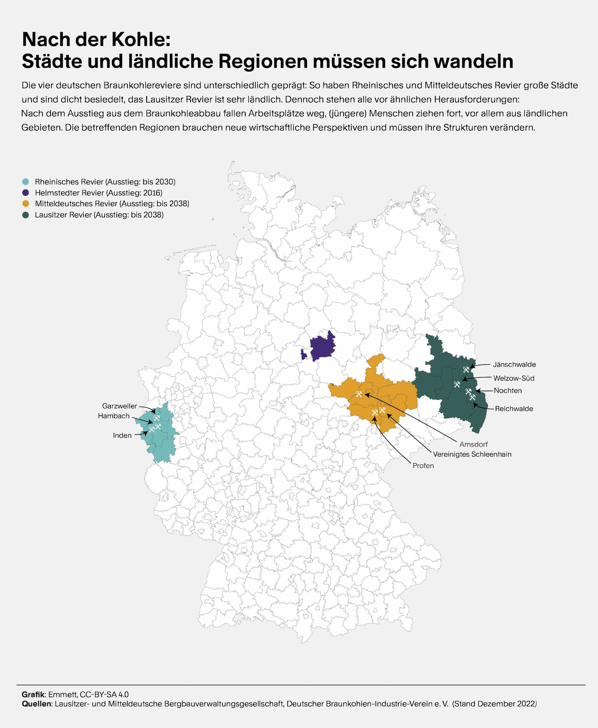 Grafik. In einer Deutschlandkarte sind vier Regionen markiert, in denen Braunkohle abgebaut wurde oder wird