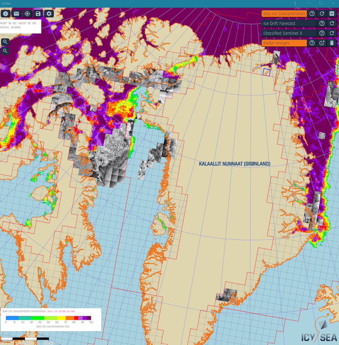 Grafische Darstellung des Polarmeeres in der App, die dort vorhandene Eisschollen und deren Bewegungen erfasst. Über dem Bild liegt ein grafisches Gitter mit quadratischen Kacheln, die zur Erfassung fest definierter geografischer Gebiete dienen