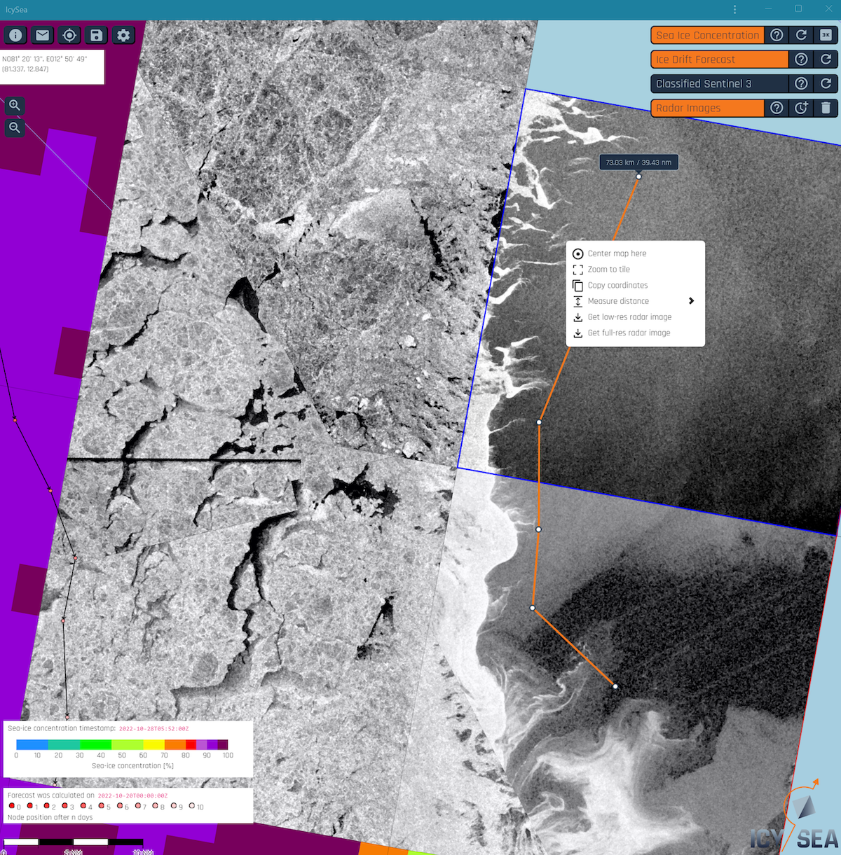 Satellitenfotos des Polarmeeres in der App, die dort vorhandene Eisschollen und deren Bewegungen erfasst