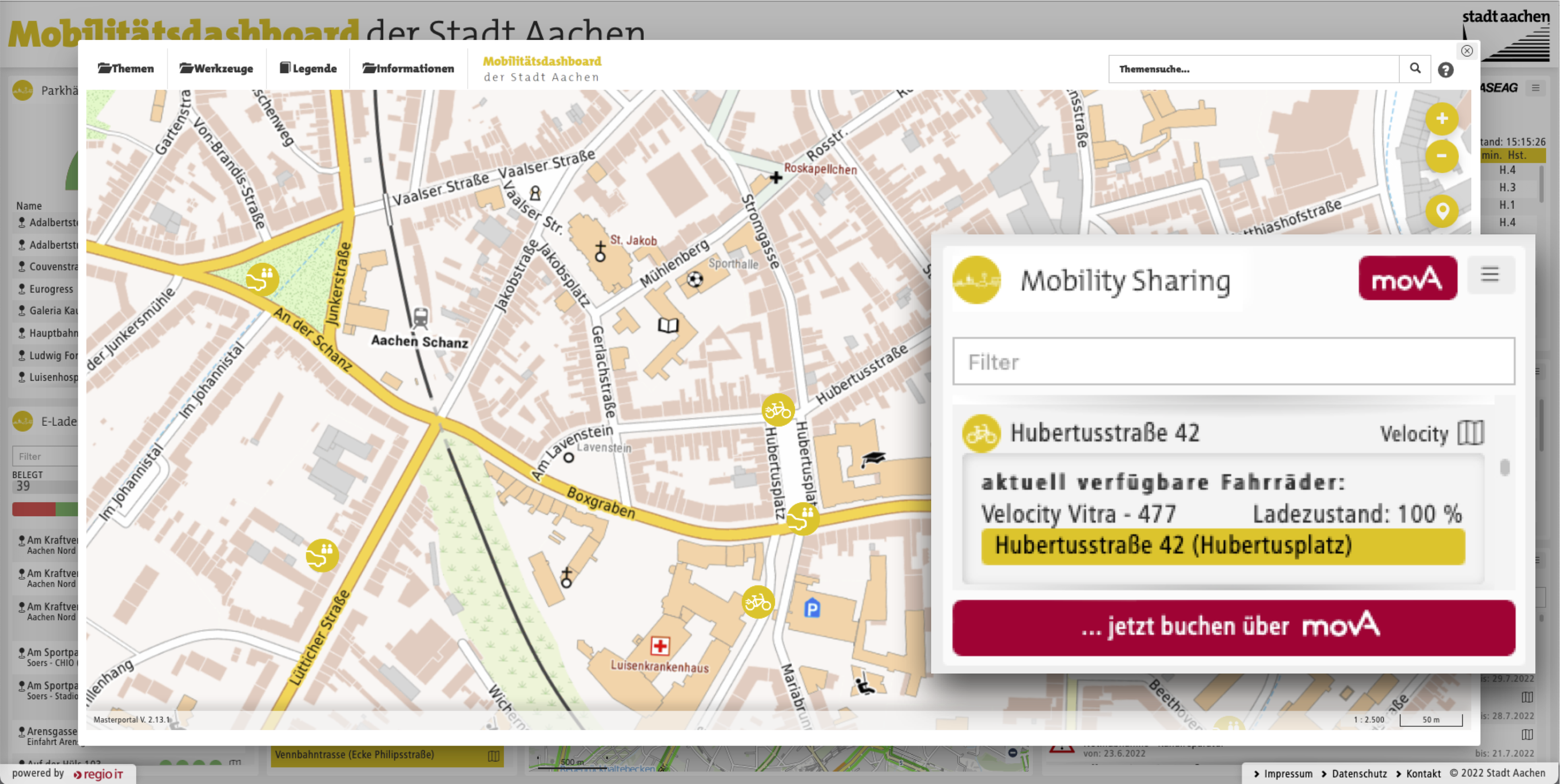 Stadtplan mit verzeichneten Bike-Sharing-Stationen sowie Detail-Widget mit Informationen zur Verfügbarkeit von Leih-Fahrrädern