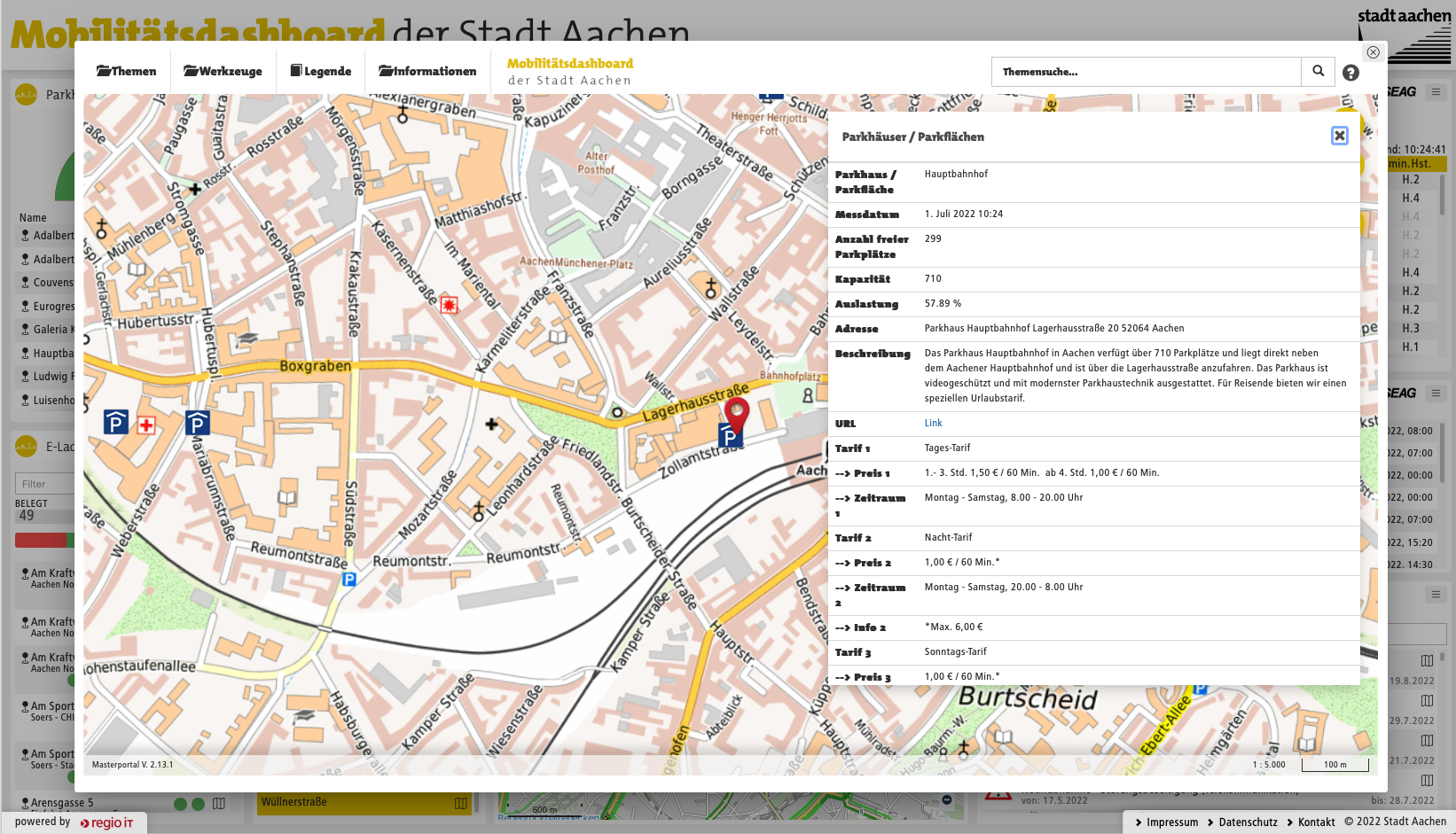 Stadtplan von Aachen mit Parkhäusern sowie deren Auslastung