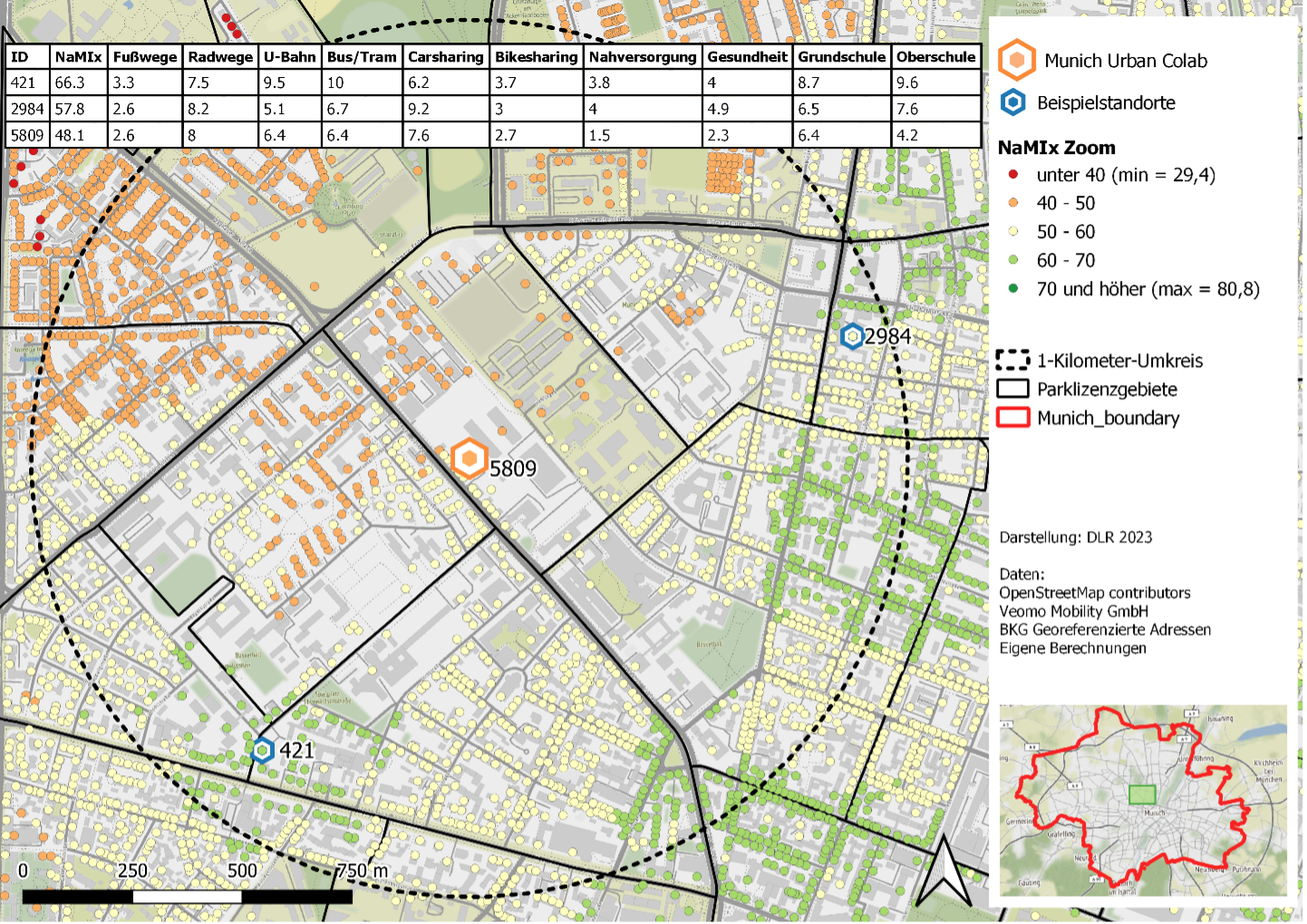 Stadtplangrafik von einem Quartier in München, auf der mit farbigen Punkten pro einzelner Adresse markiert ist, wie gut oder schlecht die Möglichkeiten für nichtmotorisierte Mobilität sind