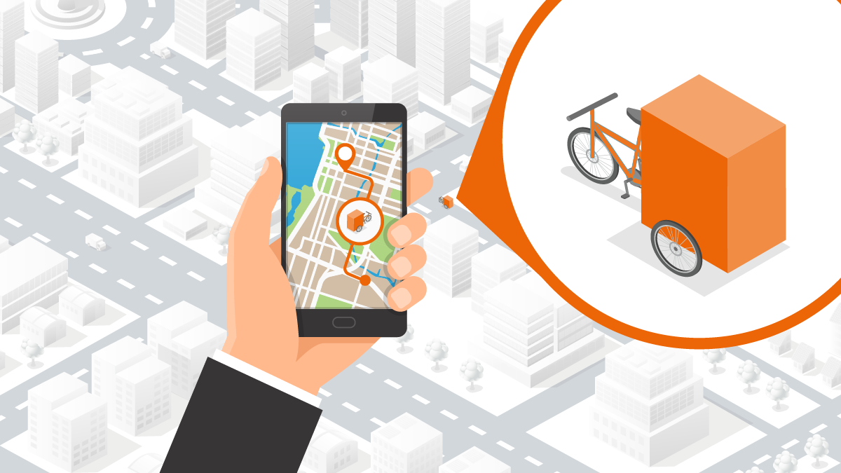 Zeichnung: Eine Hand hält ein Smartphone, auf dem eine Routing-App einen Weg durch die Stadt zeigt; ein Vergrößerungsglas zeigt ein Lastend, für dass die Route gedacht ist