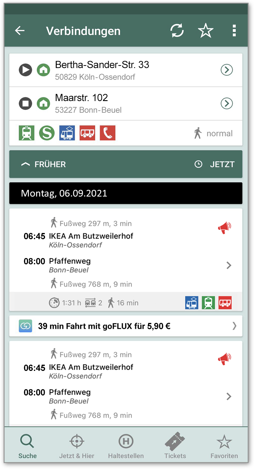 Screenshot einer Smartphone-App, die Verbindungsmöglichkeiten des Öffentlichen Nahverkehrs zeigt, darin auch die Option für eine von Goflux vermittelte Mitfahrt in einem privaten PKW.
