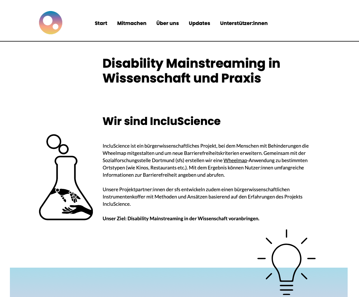Screenshot der Website des Projekts "IncluScience", auf dem steht: Disability Mainstreaming in Wissenschaft und Praxis