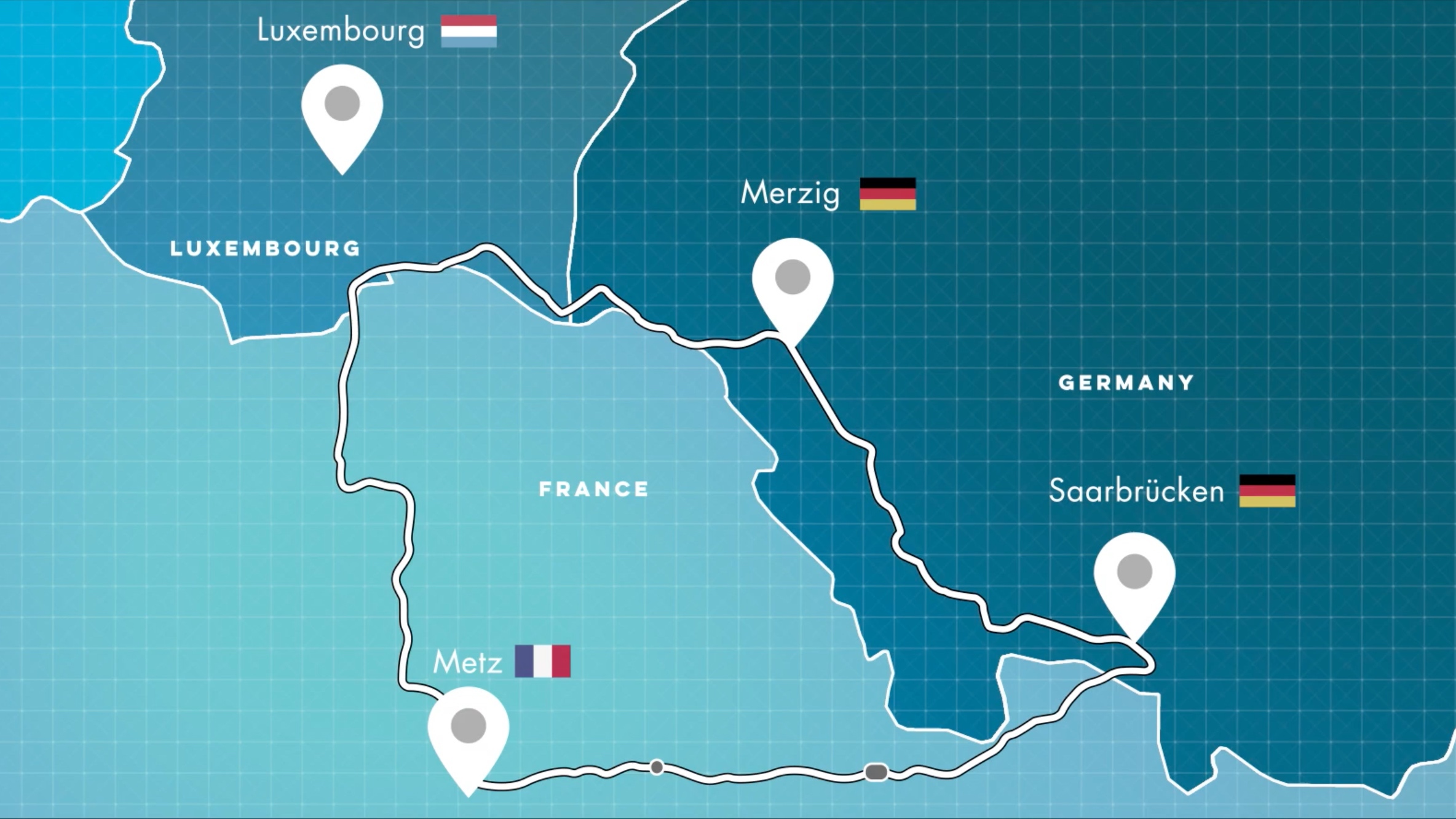 Karte des grenzüberschreitenden Testfelds Deutschland-Frankreich-Luxemburg mit Markierung der Orte Merzig, Saarbrücken, Metz und Luxembourg