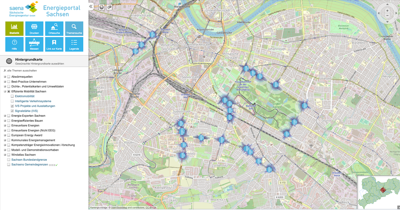 Stadtplan von Dresden mit Markierungen für Roadside Units