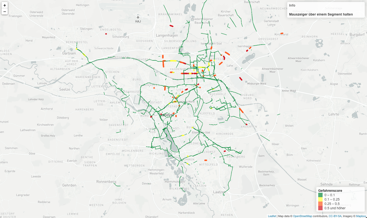 Am Beispiel Hannover zeigen die von Bürger:innen erfassten Messdaten, wo sich für Radfahrende gefährliche Situationen ereigneten.