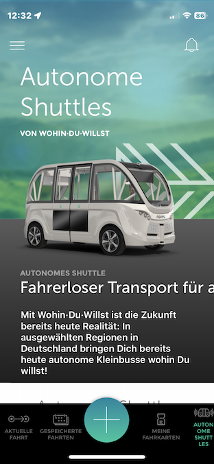 Screenshot der App Wohin Du willst, die das Foto eines fahrerlos fahrenden Shuttlebusses zeigt, darunter ein Infotext dazu