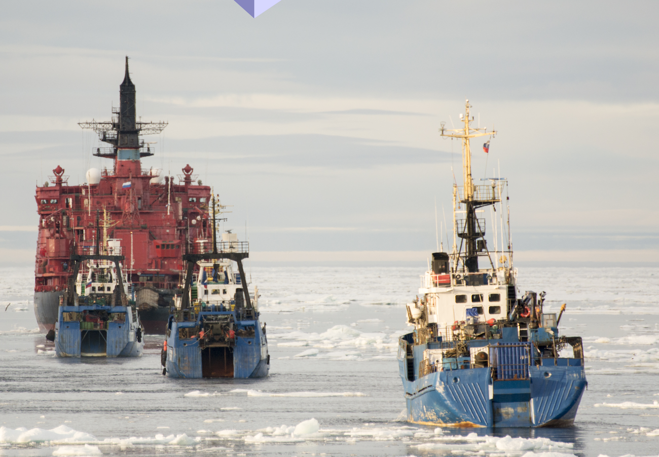 Vier Schiffe fahren im Konvoi zwischen den driftenden Eisschollen im Polarmeer.