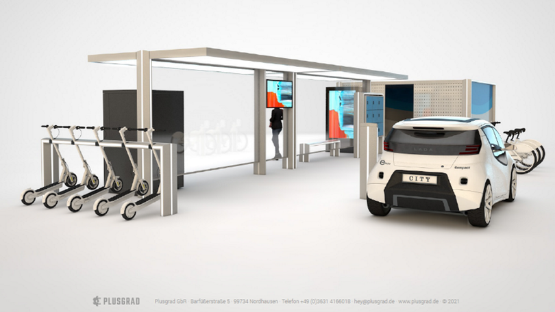3D-Computergrafik einer Mobilitätsstation mit abgestellten Elektrorollern, einem Elektro-Auto neben einer Ladesäule sowie Monitoren und Überdachung