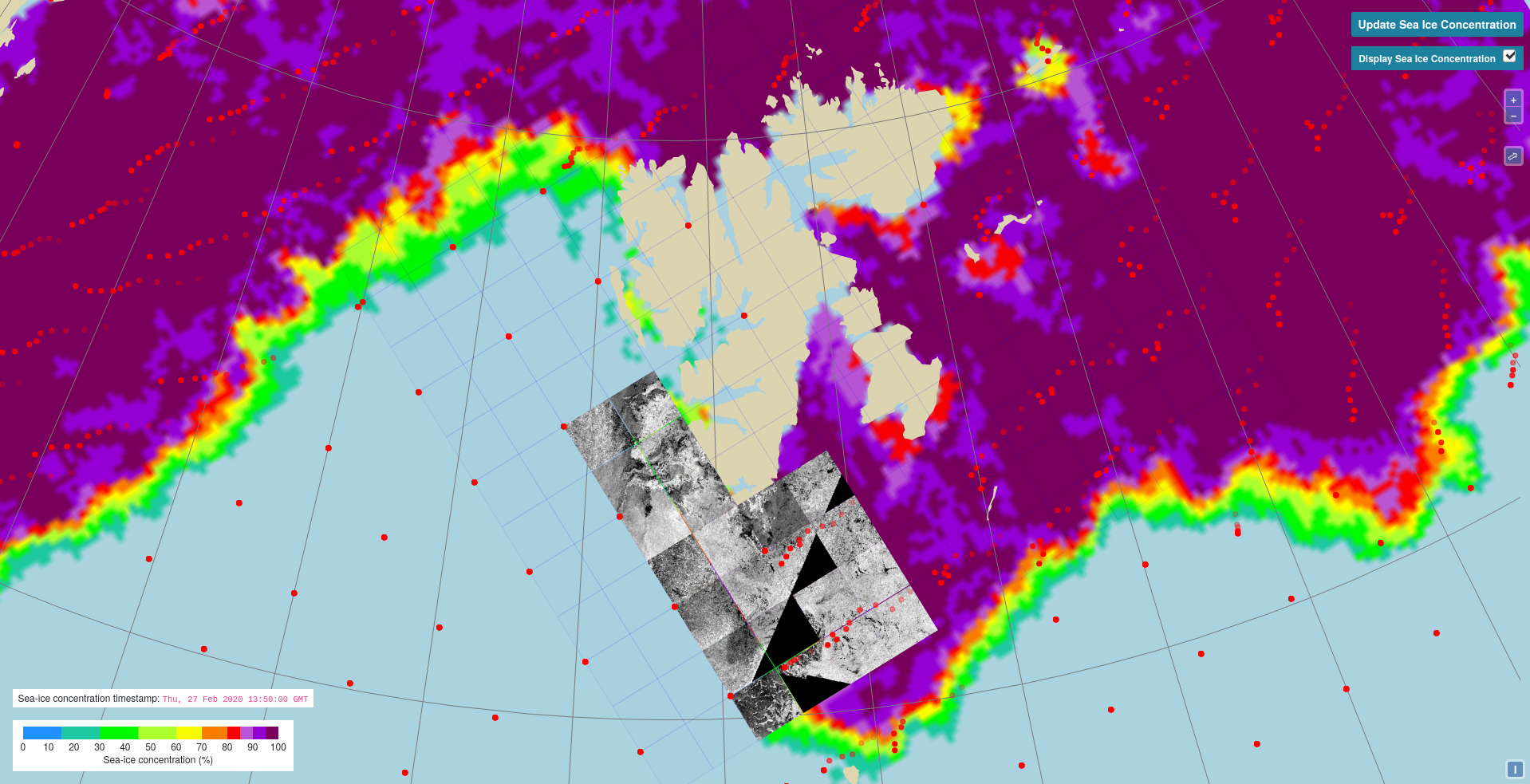 Grafische Darstellung des Polarmeeres in der App, die dort vorhandene Eisschollen und deren Bewegungen erfasst